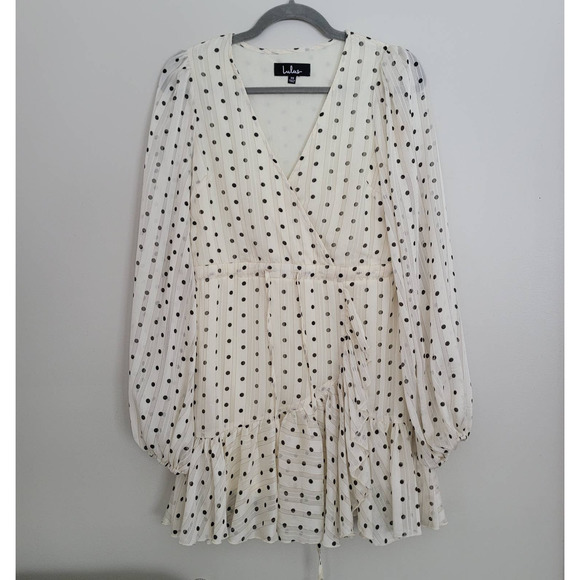 Lulus Dresses & Skirts - Lulu's Spotlight Moment Ivory Polka Dot Long Sleeve Dress Faux Wrap XS